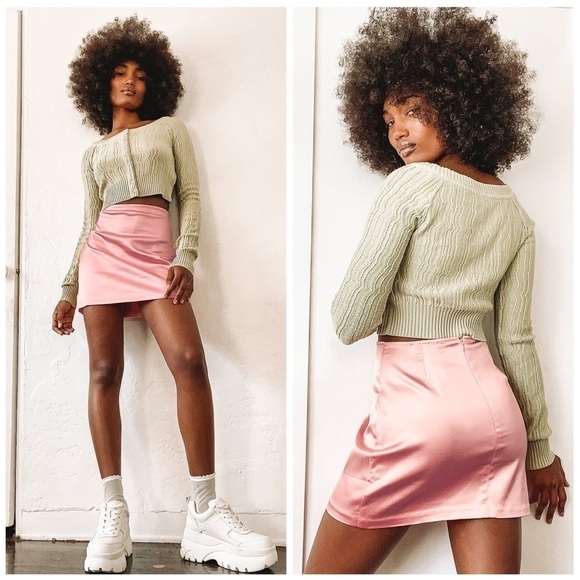 LULU’S Checking In Pink Satin Mini Skirt - Picture 1 of 3